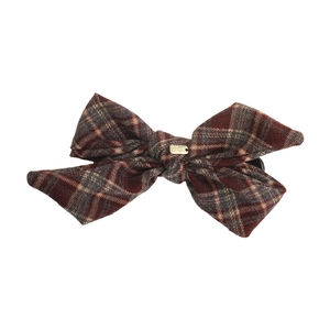 British style red and grey plaid bow hair clip with a rectangle gold metal label