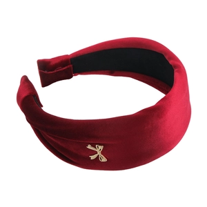 French vintage deep red velvet headband with a stylish gold metal bow decoration