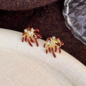 Elegant red fireworks stud earrings with gold plating and sparkling zircon crystals