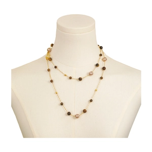 Tiger eye and pearl double-layer necklace with gold chain for women's elegant styling
