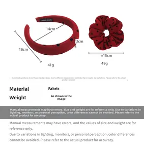 Handmade red polka dot headband and scrunchie set with product dimensions and weights
