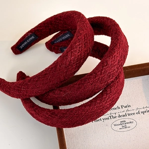 Vintage dark red braided woolen headband with thick sponge and handmade woven texture