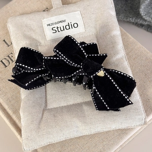 Elegant Velvet Bow Hair Claw Clip Large French Style Black Hair Accessory With White Dotted Stitching For Women Styling