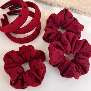 Elegant red polka dot headband and scrunchie set for women in high quality textured fabric