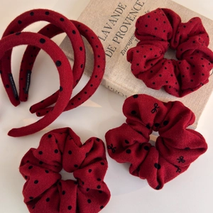 Retro red polka dot hair scrunchies and headband set with handmade embroidery detail