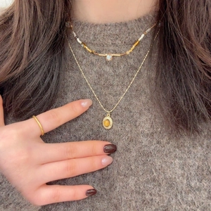 Collier Choker Double Couche en Acier Inoxydable Oeil de Tigre Vintage pour Femme Bijoux de Chaîne de Clavicule Rétro Français Plaqué Or