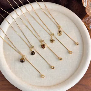 Retro Copper Alloy Tiger Eye Stone Pendant Necklace Adjustable Snake Bone Chain Minimalist Autumn Winter Jewelry For Women Daily
