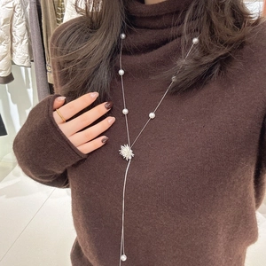 Élégant Collier à Gland en Künstliche Perles en Acier Inoxydable Pendentif Flocon de Neige Chaîne de Pull Longue Bijoux pour Femmes Argent
