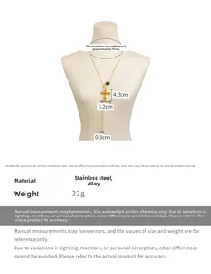 Detailed dimensions of a tiger eye cross pendant necklace on mannequin display