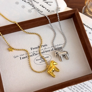 High-End Stainless Steel Copper Horse Pendant Necklace For Women Vintage Long Sweater Chain Ball Chain Ball Necklace Jewelry Gift