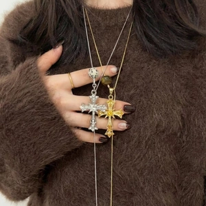 Vintage Stainless Steel Cross Pendant Necklace For Women Tiger Eye Stone Rhinestone Inlaid Long Sweater Chain Jewelry Gift