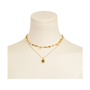Collier double épaisseur bohème avec perles colorées et pendentif en pierre œil de tigre