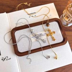 Tiger eye stone cross pendant necklace with adjustable chain in gold and silver finish