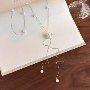 Détail d'un long collier à pompons en perles argentées avec un design en forme de Y