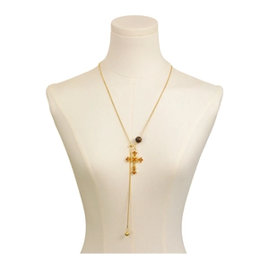Y-shaped gold cross necklace with tiger eye stone and crystal pendant for women