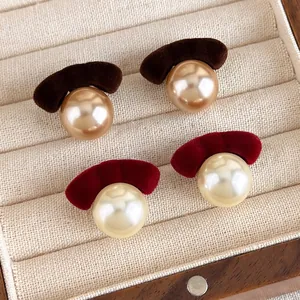 Retro Bow Velvet Stud Earrings With Large Imitation Artificial Pearl Copper Earring Post For Women Autumn Winter Elegant Jewelry