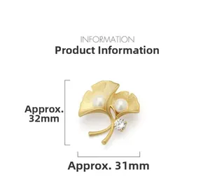 Detail view of pearl ginkgo leaf brooch with dimensions of 32mm by 31mm