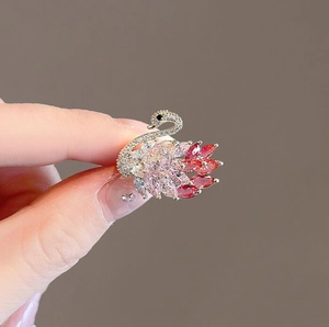 Exquisite gold swan brooch with pink gradient crystals and pavé diamonds for women