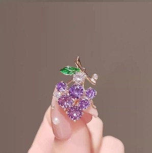 Elegant purple grape brooch with green enamel leaf and gold metal finish for women