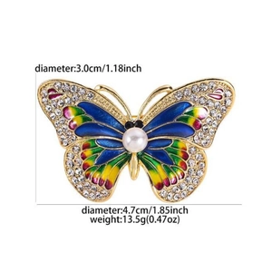 Elegant luxury butterfly brooch with colorful gradient oil drip, rhinestones, and large pearl
