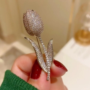 Elegant french tulip bouquet brooch with full zircon stones for women's suits