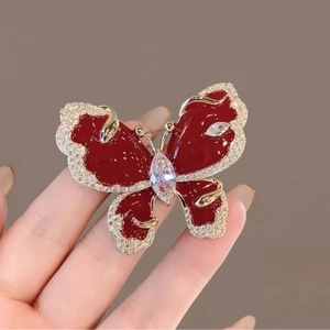 Elegant red butterfly brooch with sparkling crystals and gold plating for women