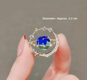 Macro detail of universe planet brooch showing 2.3cm diameter with sparkling zircons