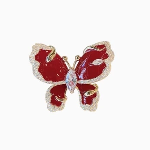 Elegant red butterfly brooch with gold plating and sparkling crystals for women's fashion