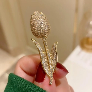 Elegant gold tulip brooch with sparkling crystal rhinestones for a classic floral look
