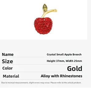 Detailed size specifications for the red crystal apple brooch with gold stems and leaves