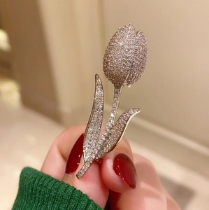 Elegant silver tulip flower brooch pin with micro-pave white cubic zirconia crystals
