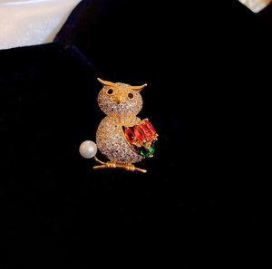 Exquisite owl brooch detail with sparkling rhinestones, colored gems and white pearl