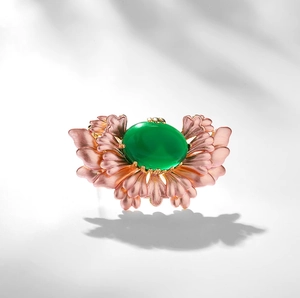 Retro Begonia flower brooch with green oval gemstone and matte pink metal petals