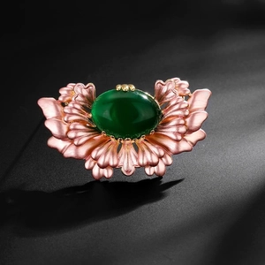 Vintage Chinese Style Begonia Flower Brooch For Women High Grade Alloy Green Resin Stone Inlaid Pin Cardigan Corsage
