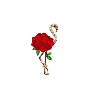 Broche flamant artistique avec corps en rose rouge et cristaux brillants dorés
