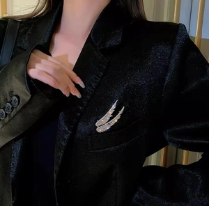 Macro detail of rhinestone-encrusted wing brooches on a premium black velvet blazer