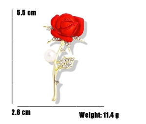 Detail view of red rose brooch with dimensions showing 5.5cm height and crystal accents