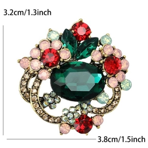 Vintage floral crystal brooch with green gem and colorful rhinestones in 3.8x3.2cm size