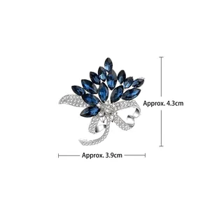 Silver flower bouquet brooch with navy blue crystals, measuring 4.3cm by 3.9cm