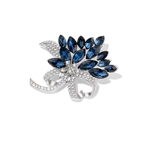 Elegant flower bouquet brooch with dark blue crystals and silver bow knot for suits