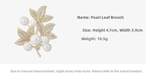 Detail view of a luxury pearl leaf brooch showing 4.7cm height and 3.9cm width measurements