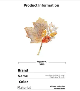 Detailed view of 5cm vintage maple leaf brooch with hollow design and amber crystals
