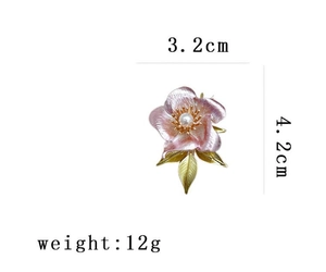 Detailed size view of pink camellia pearl brooch with golden leaf and 4.2cm height