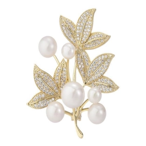 Luxurious gold floral brooch with six white pearls and sparkling zircons for coat accessory
