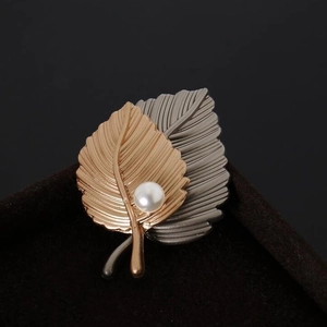 Elegant Alloy Double Leaf Brooch With Faux Artificial Pearl Vintage Gold Silver Tone Pin For Women Suit Coat Sweater Accessories