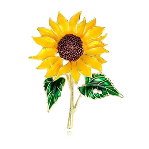 Exquise broche tournesol avec pétales en émail jaune et perles blanches sur or fin