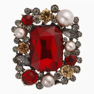 Vintage square brooch with large ruby crystal and pearl accents on metallic base