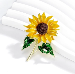 Broche exquise en émail de tournesol avec pétales jaunes et feuilles vertes sur support