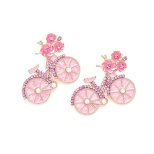 Roze fietsbroche met vintage strass-steentjes en vergulde bloemen parel accenten