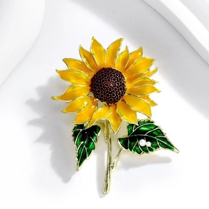 Broche tournesol exquise en émail avec pétales jaunes et feuilles vertes sur support